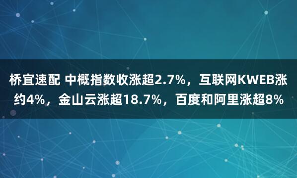 桥宜速配 中概指数收涨超2.7%，互联网KWEB涨约4%，金山云涨超18.7%，百度和阿里涨超8%